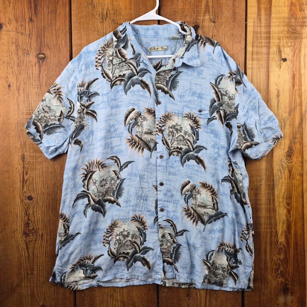 Y2K Batik Bay Men's 2XLT Light Blue Tropical Palm Tree Rayon Aloha Shirt